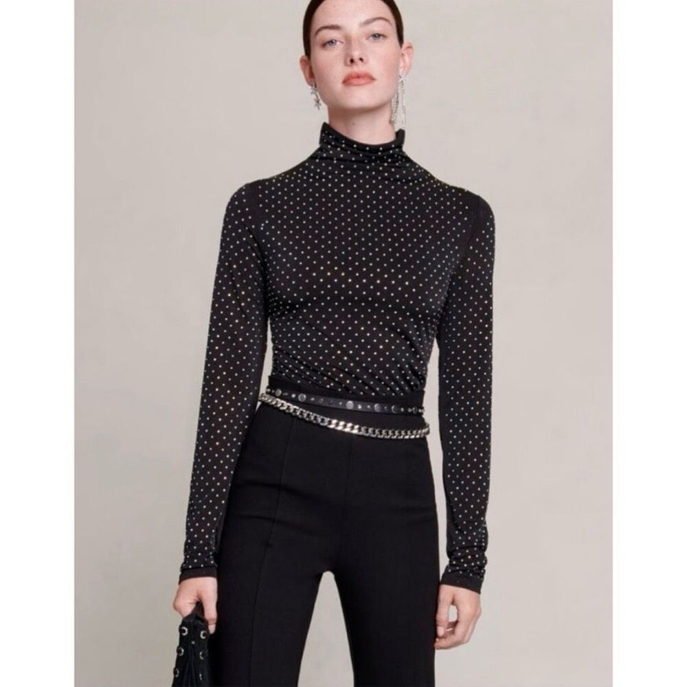 Maje Lastrass High-Neck Rhinestone-Embellished Stretch Top